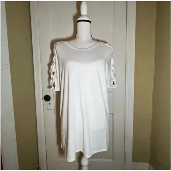 White Zenana Premium Lattice Scoop Neck Sleeve Dressy T-Shirt Blouse Size Small - Picture 5 of 12